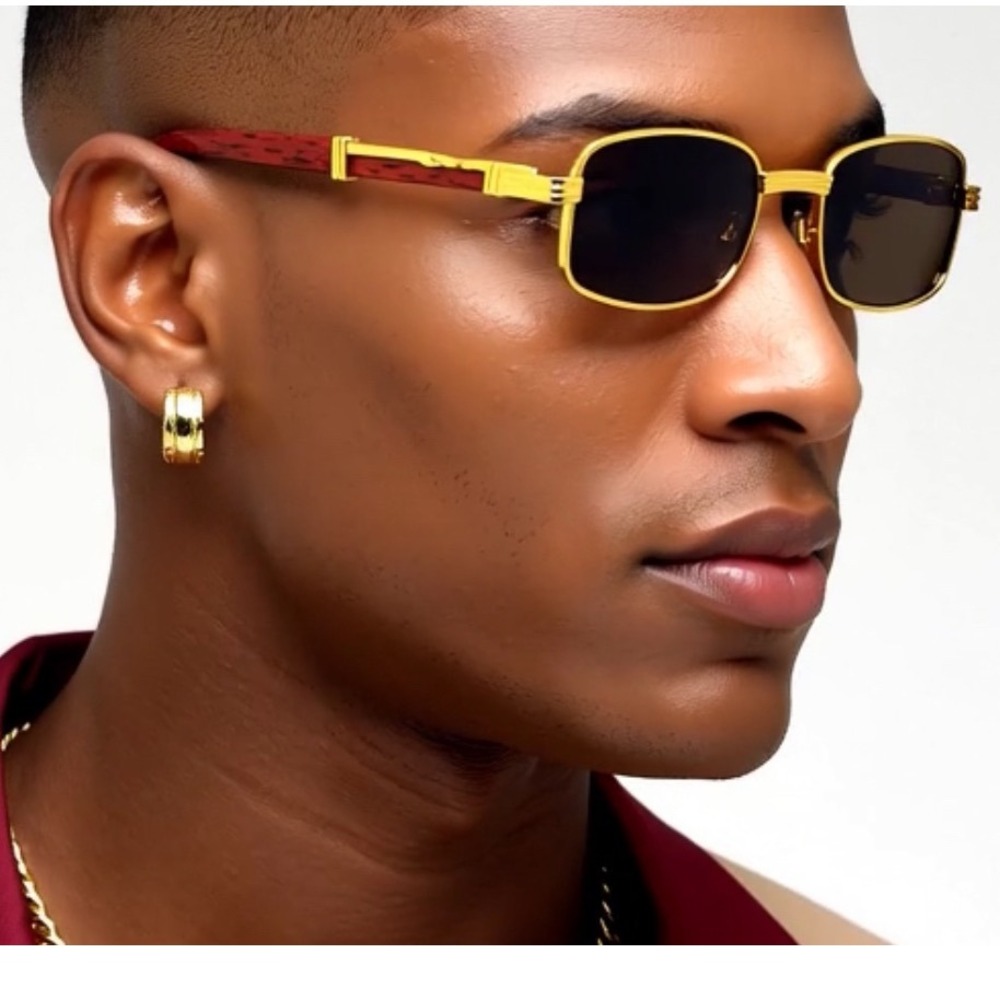 Gold Frame Sunglasses Brown Lens Wood Arms Rectangular Mens Fashion Small Shades